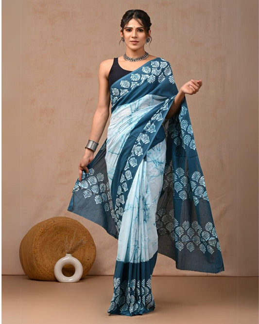 Indiehaat | Pure Mulmul Cotton Saree Light Sky Blue Color handblock printed with Running Blouse