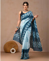 Indiehaat | Pure Mulmul Cotton Saree Light Sky Blue Color handblock printed with Running Blouse