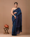 Indiehaat | Pure Mulmul Cotton Saree Indigo Color Bagru Handblock Print with Running Blouse