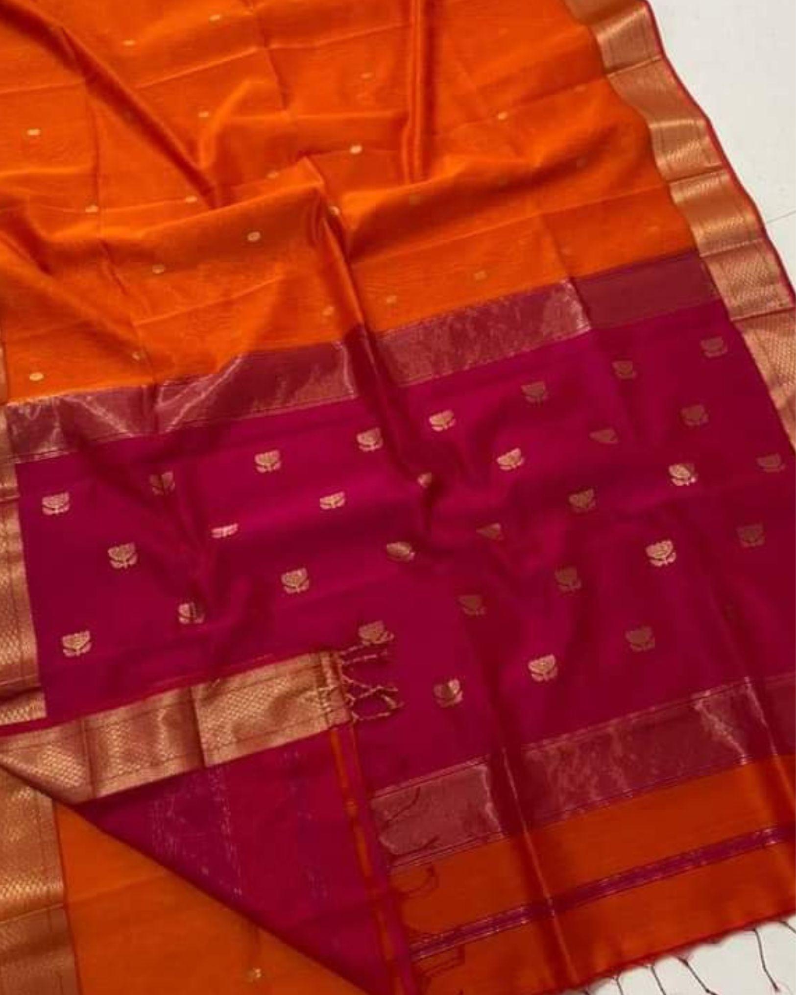 Maheshwari Silk Dark Orange Saree Lotus Buta Contrast Pallu Running Blouse|Indiehaat