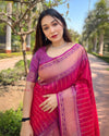 Indiehaat | Soft Silk Floral Border Contrast Zari Woven Pink Saree