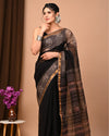 Indiehaat | Blockprinted Kota Doria Black Saree | Elegant