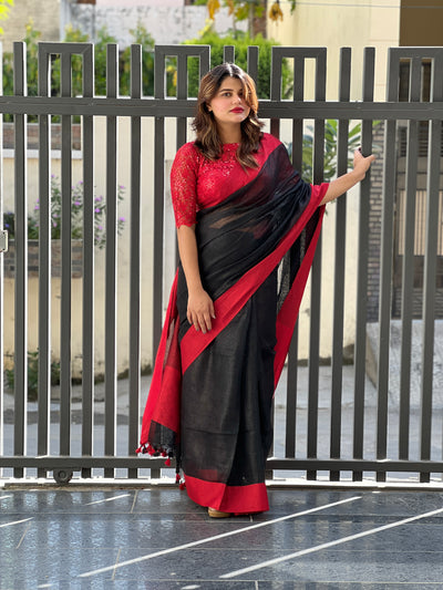 Unique Handwoven Pure Linen Black Saree