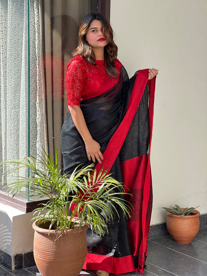 4548-Handwoven Pure Linen Black Saree with Blouse