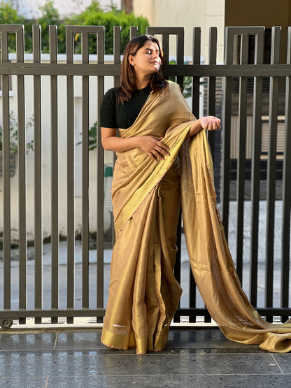 9699-Hand Dyed Pure Tissue Linen Golden Color  Saree With Running Blouse