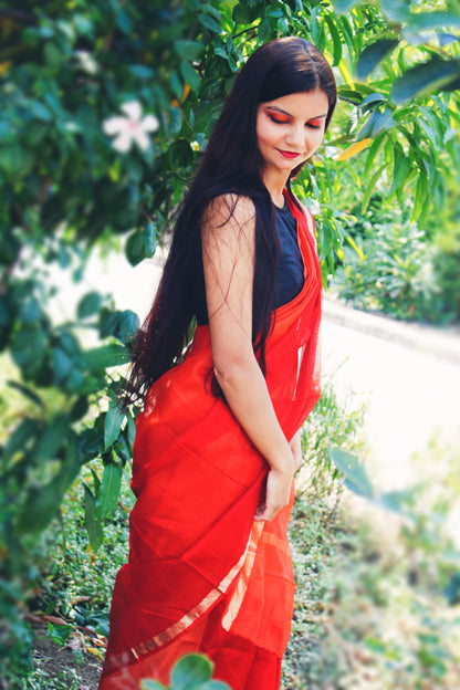 Kota Doria Pure Silk Red Saree Hand Dyed with Blouse-Indiehaat