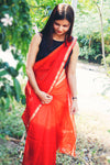 Kota Doria Pure Silk Red Saree Hand Dyed with Blouse-Indiehaat