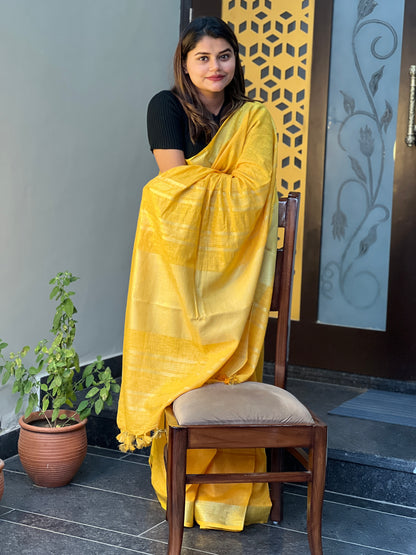 Melodic Handwoven Pure Linen Yellow Saree