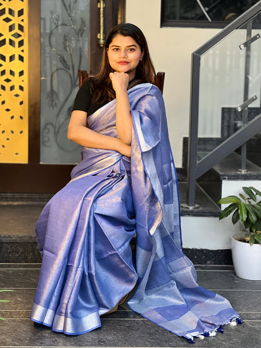 9930-Hand Dyed Pure Tissue Linen Dark Blue Color Saree With Running Blouse