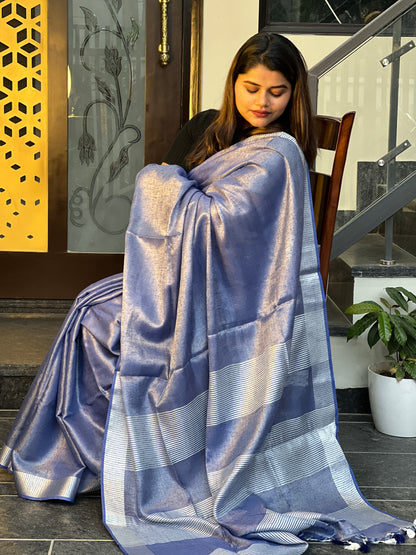 9930-Hand Dyed Pure Tissue Linen Dark Blue Color Saree With Running Blouse