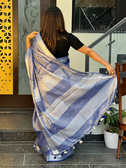 Enigmatic Pure Tissue Linen Blue Handdyed Saree