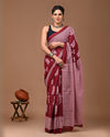 Indiehaat | Pure Mulmul Cotton Saree Burgundy Color Bagru Handblock Print with Running Blouse