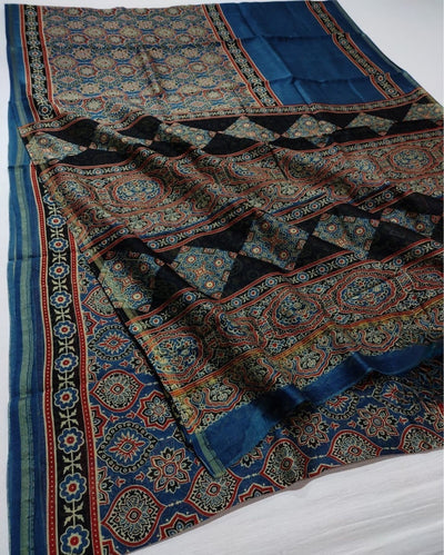 Indiehaat | Chanderi Silk Ajrakh Print Saree Blue