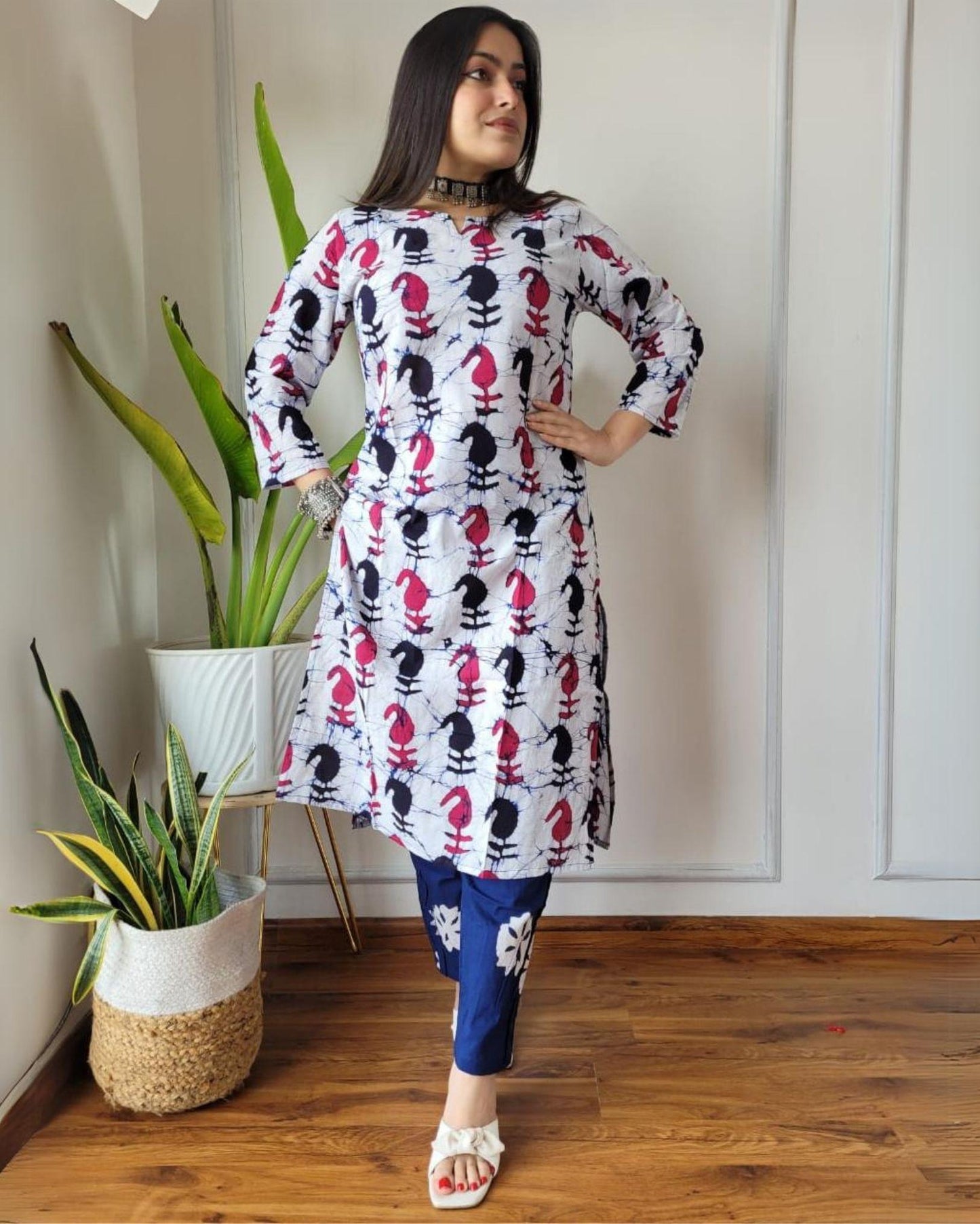 Indiehaat | Cotton Stitched Kurti White Color Handblock Printed With Pant
