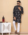 Indiehaat | Royal Reflection BlockPrinted Cotton Kurta Pyjama Matte Black