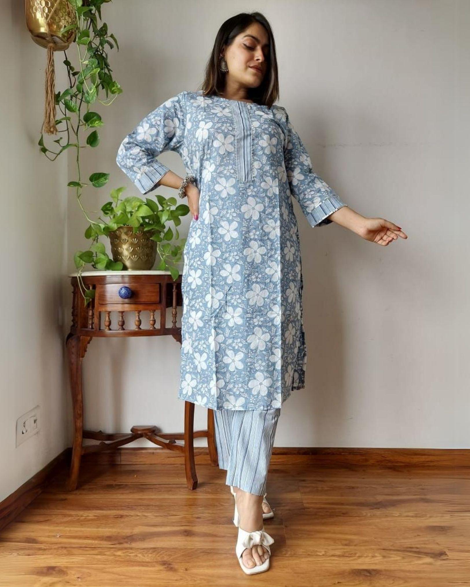 Indiehaat | Cotton Stitched Kurti Gray Color Handblock Printed With Pant
