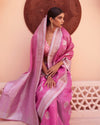 Indiehaat | Silk Linen Banarasi Brocade Pink Saree