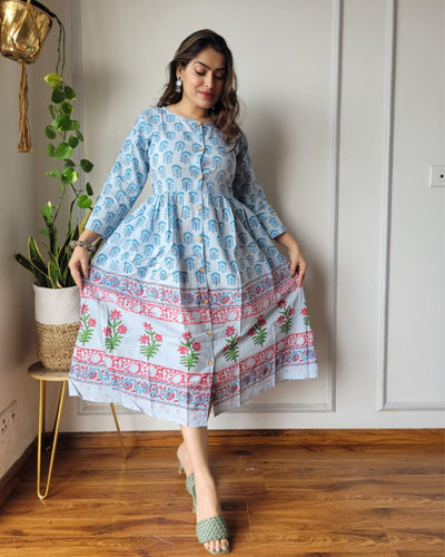 Indiehaat | Blockprinted Cotton Long Dress Blue