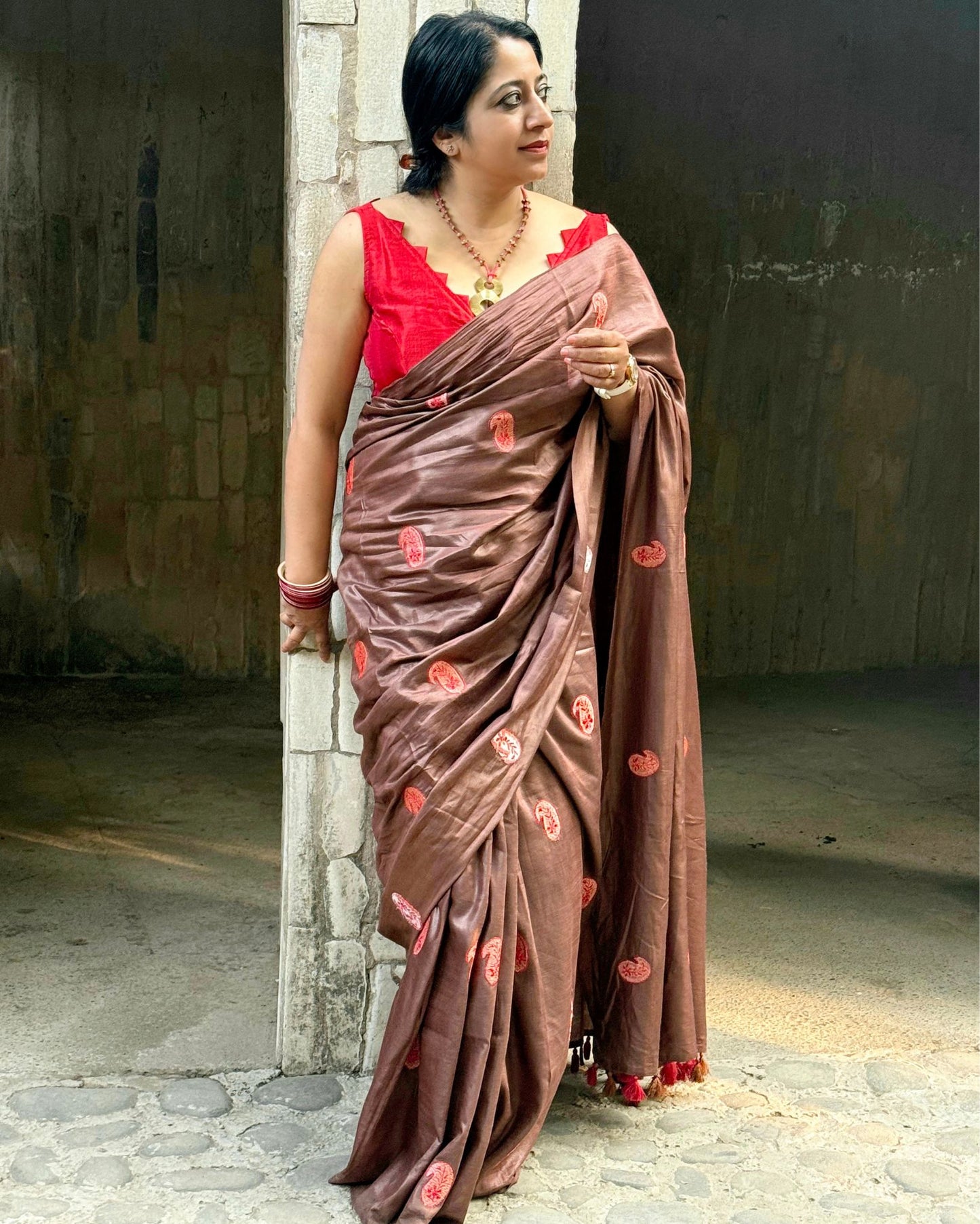 Silkmark Certified Pure Tussar Vibrant Embroidered Saree Brown