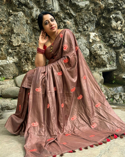 Tussar Silk Saree Online – Floral Buti Embroidery – Lightweight – Indiehaat