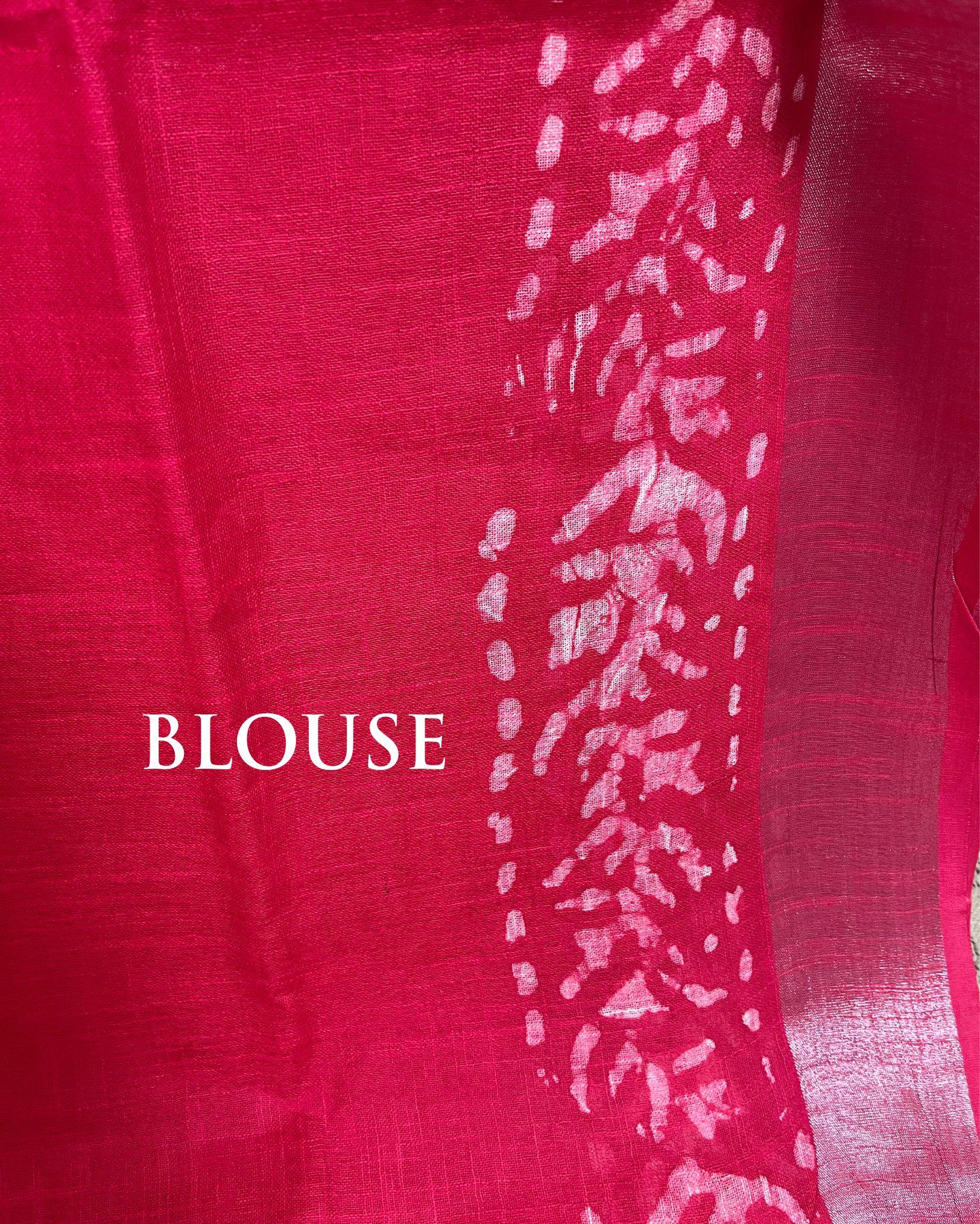 IndieHaat | Slub Linen Red Saree Batik Print Running Blouse Ajrakh Dabu