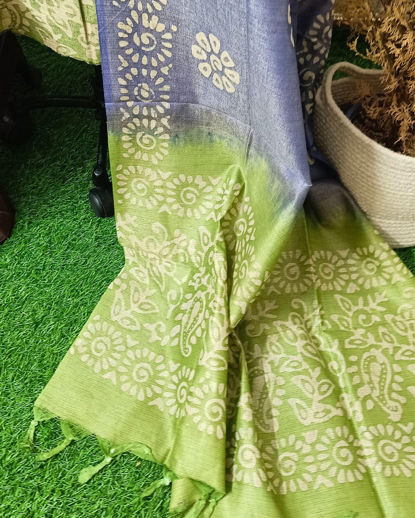 Indiehaat | Khadi Silk Olive Green Suit Batik Print Bandhini Dupatta Ajrakh Dabu
