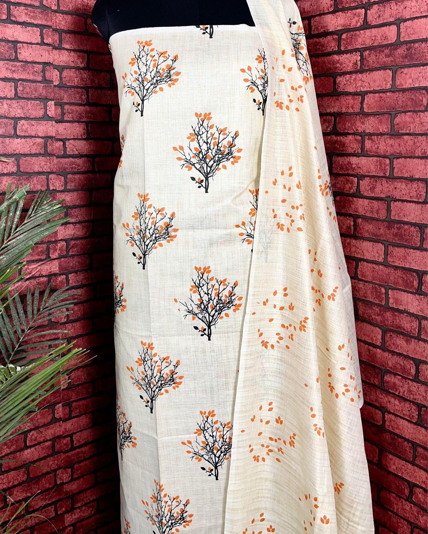 Indiehaat | Khadi Silk Beige Suit Printed Top+Bottom+Dupatta