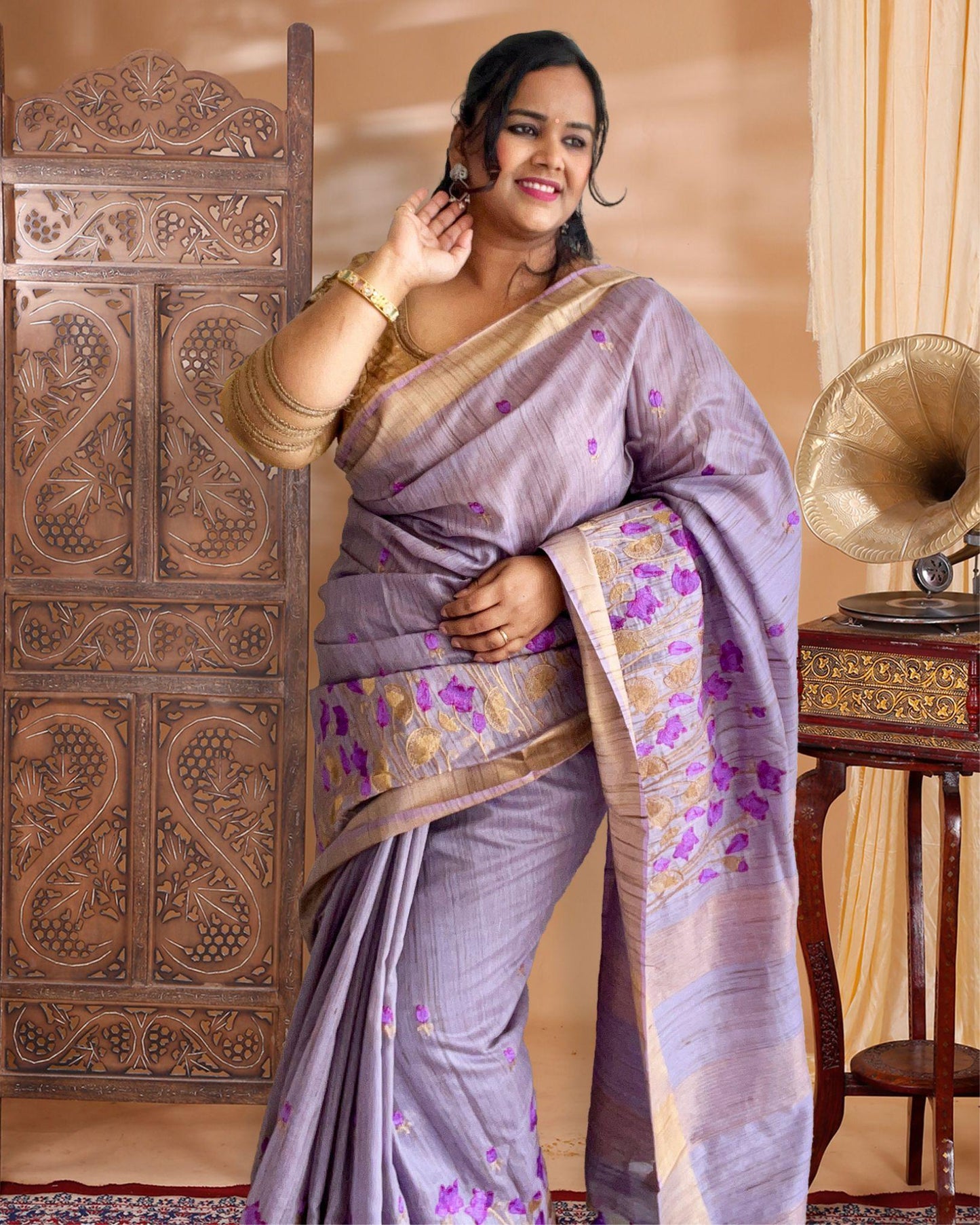 IndieHaat | Banswara Silk Lavendar Saree Digital Embroidery Lotus Design Running Blouse