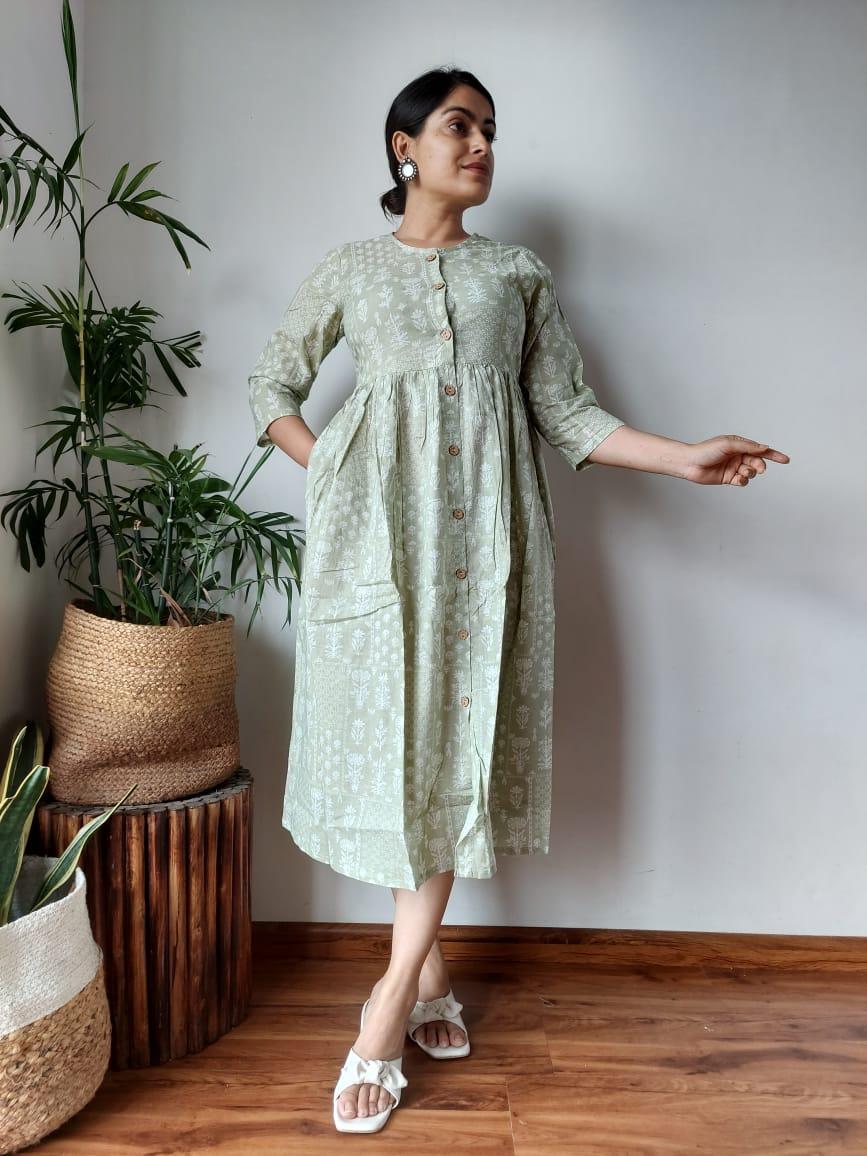 Indiehaat | Cotton Long One Piece Dress Beige Color Bagru Hand Printed Size 36 to 46