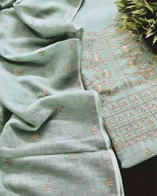 Indiehaat | Pure Linen Embroidered Suit Piece Pastel Green Color (Top+Dupatta) With Linen Bottom