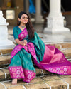 Indiehaat | Soft Silk Contrast Zari Woven Green & Pink Saree