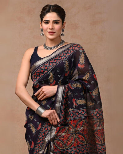 Indiehaat | Maheshwari Silk Saree Purple Color Bagru Handblock Printed with Running Blouse (Silk by Silk)