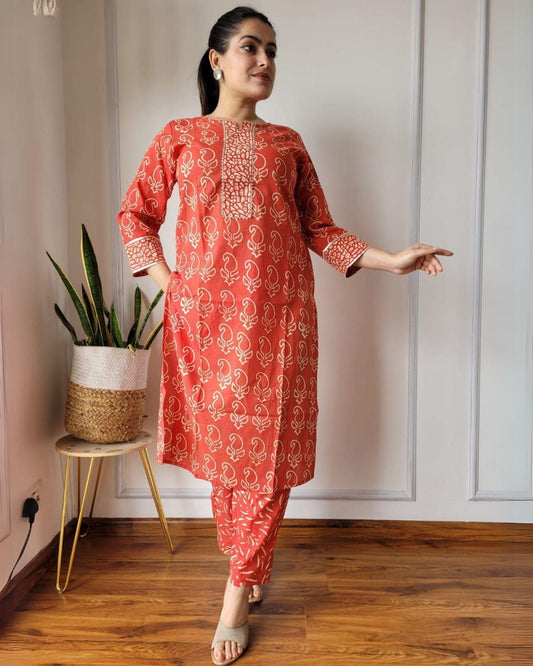 Indiehaat | Cotton Stitched Kurti Red Color Handblock Printed With Pant