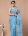 Indiehaat | Blockprinted Kota Doria Blue Saree | Elegant