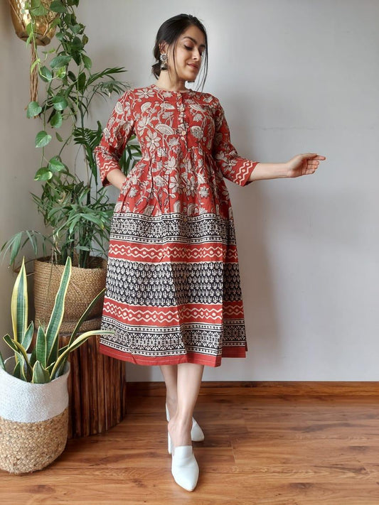 Indiehaat | Cotton Long One Piece Dress Dark Red Color Bagru Hand Printed Size 36 to 46