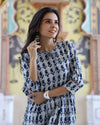 IndieHaat | Cotton One Piece Gray Frill Dress Handblock Print Ajrakh Dabu Size 38 to 50