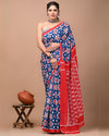 Indiehaat | Pure Mulmul Cotton Saree Royal Blue Color Bagru Handblock Print with Running Blouse