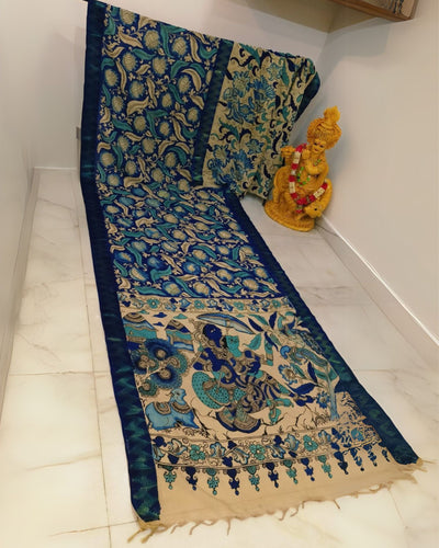Indiehaat | Mangalagiri Handpainted Silk Saree Blue