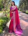 Indiehaat | Soft Silk Floral Border Contrast Zari Woven Pink Saree