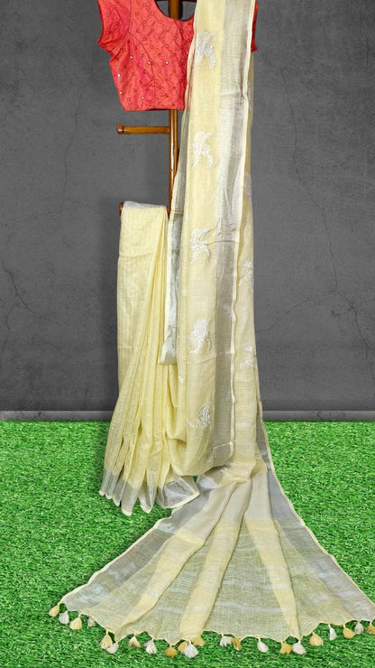 3467-Pure Linen Embroidered Handloom Off White Saree with Running Blouse Handcrafted