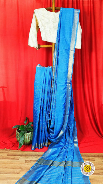 Kota Silk Blue Saree with Running Blouse Zari Border Handcrafted-Indiehaat