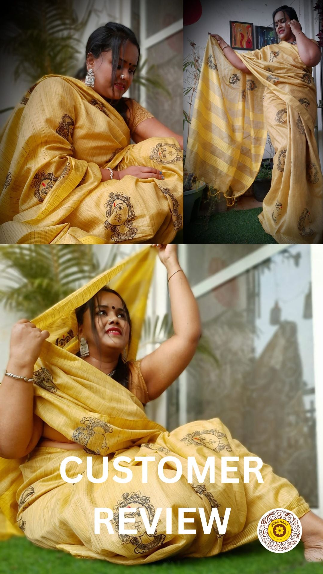 Bansbara Tussar Silk Handloom Yellow Saree with Running Blouse Embroidered-Indiehaat