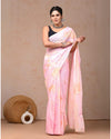 Indiehaat | Pure Mulmul Cotton Saree Pastel Pink Color handblock printed with Running Blouse