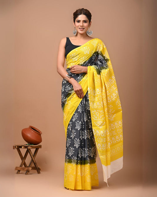 Indiehaat | Pure Mulmul Cotton Saree Gray and Yellow Color Bagru Handblock Print with Running Blouse