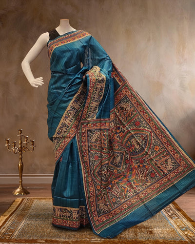 Indiehaat | Madhubani Handpainted Tussar Silk Blue Saree