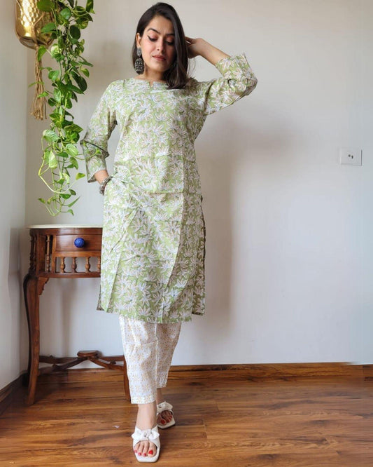 Indiehaat | Cotton Stitched Kurti Olive Green Color Handblock Printed With Pant