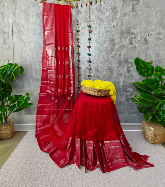 4176-Mangalagiri Pattu Saree Carmine Red Color 200 K Border with Zari lines and running blouse