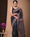 Indiehaat | Blockprinted Kota Doria Black Saree | Elegant