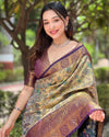 Indiehaat | Dharmavaram Silk Zari Woven Golden & Wine Saree