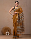 Indiehaat | Maheshwari Silk Saree Mustard Yellow Color Bagru Handblock Printed with Running Blouse (Silk by Silk)